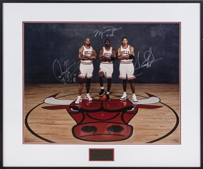 Michael Jordan, Scottie Pippen and Dennis Rodman Triple Signed 20x24 Framed Photo With Rare #23 Inscription (Beckett)
